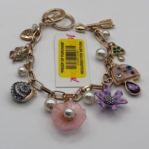Betsey Johnson Charm Bracelet Gold Tone Chain Snail Mushroom Flowers Crystals